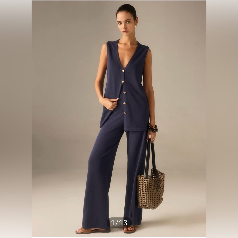 Golden Button Knit Vest Pants Set, navy